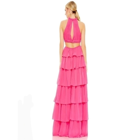 Mac Duggal tiered ruffle pleated halter gown with cutout in hot pink size 4 - Picture 4 of 8